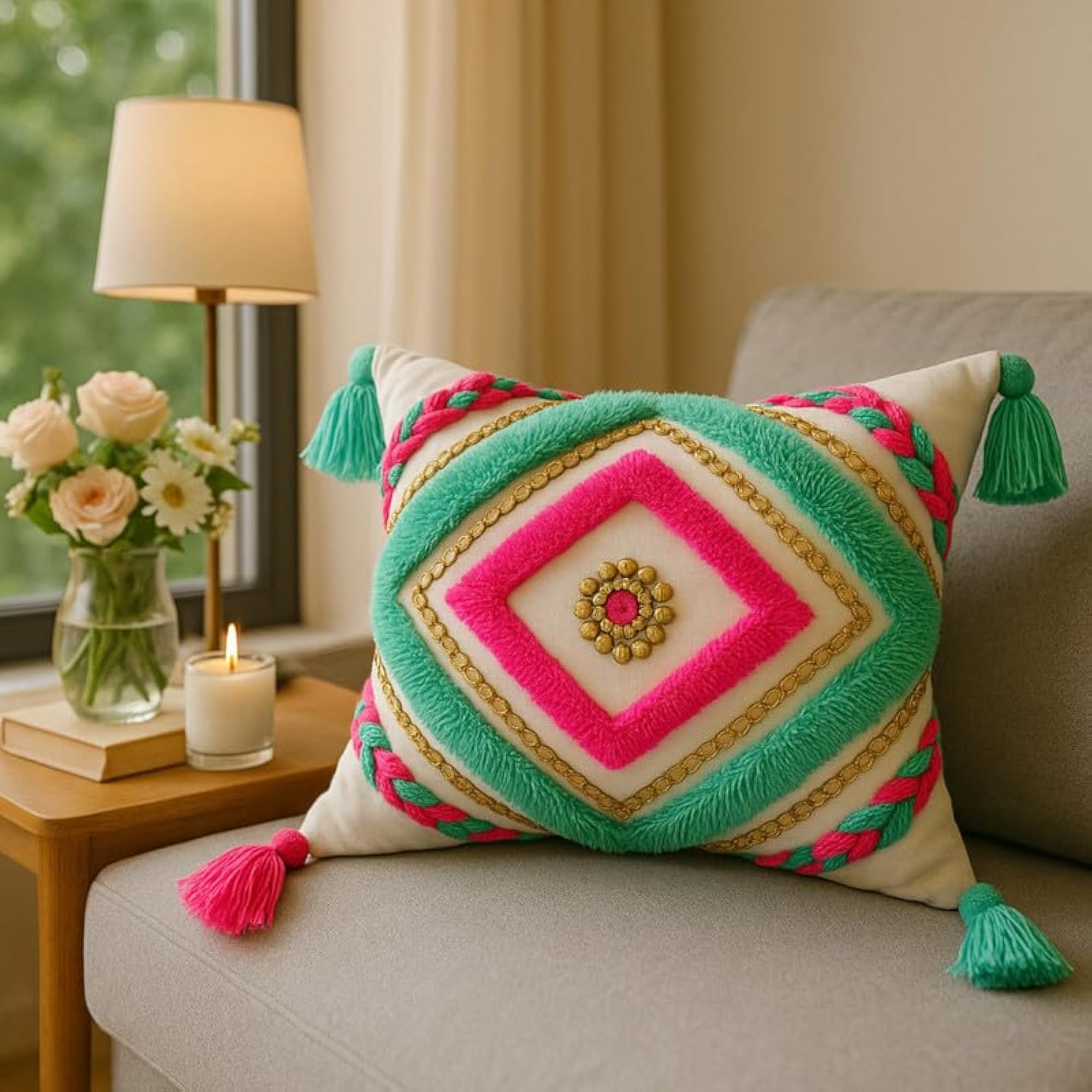 Cama Mint Green Cushion Cover, Geometric Pattern with Tassel